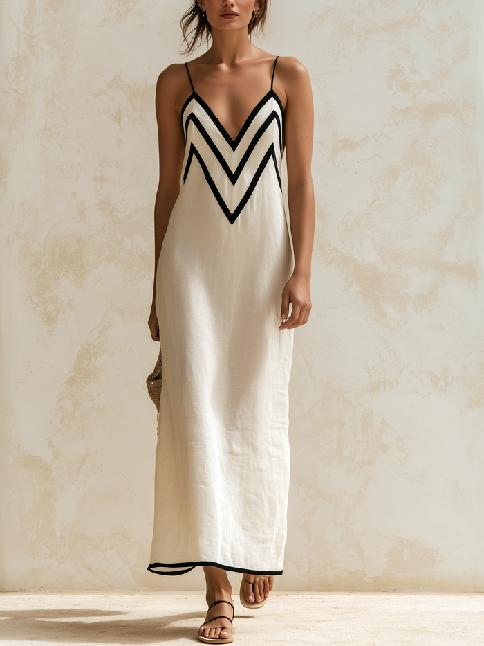 Vestido Largo con Diseño Chevron en Contraste