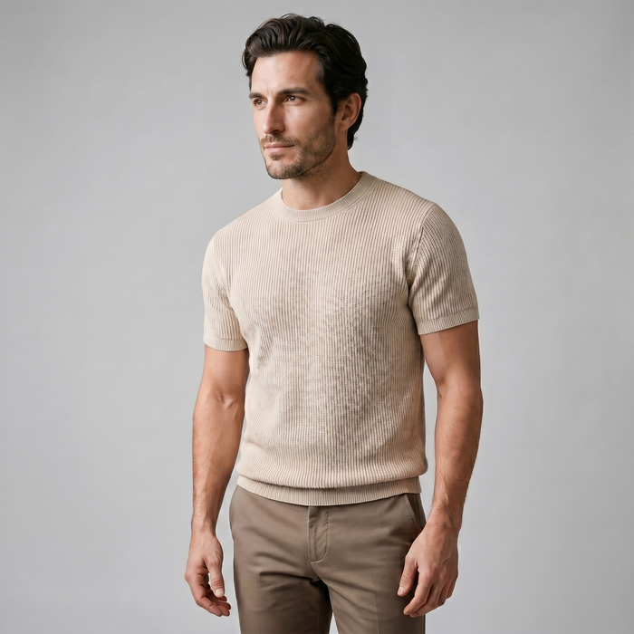 Camiseta de punto acanalado para hombre con cuello redondo casual